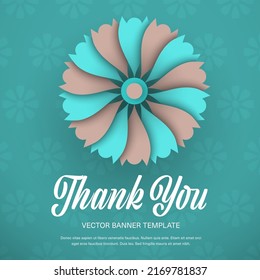 Vector Banner Template With Lush Flower, Thank You Lettering, Isolated On Turquoise Background With Pattern. Postcard, Gift Card With Design For Message, Newsletter, Email. Leaflet With Illustration