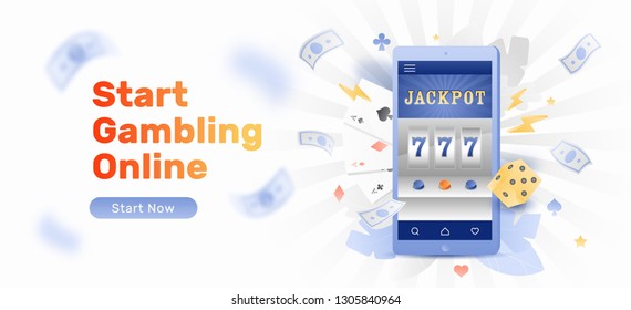 Vector banner template of a mobile phone with a jackpot 777 lottery casino on a screen. Virtual slot machine, gaming, and gambling concept.