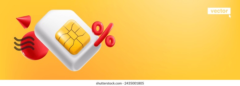 Vector banner template with mobile phone SIM card with golden chip and sphere with percent sign in neumorphism style. Realistic 3D isometric cartoon render for cell app, NFC payment, wireless network.