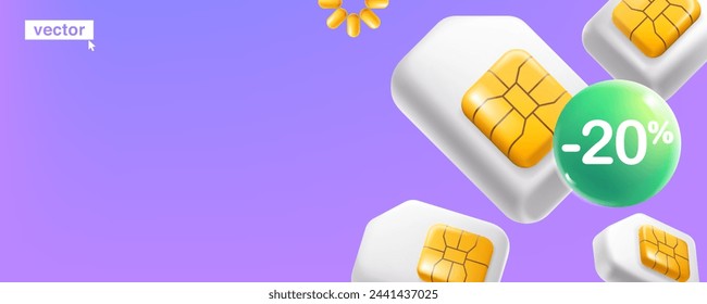 Vector banner template with mobile phone SIM card with golden chip and sphere with percent sign in neumorphism style. Realistic 3D isometric cartoon render for cell app, NFC payment, wireless network.