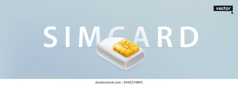Plantilla de banner vectorial con tarjeta SIM de teléfono móvil con chip de oro en estilo neumorfismo. Renderizado de dibujos animados isométrico 3D realista para la aplicación móvil, contraseña de pago NFC, red inalámbrica.