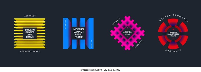 Vector banner template, modern geometric tag for brand, business. Illustration of a frame in a circle, square, rhombus with gradient elements. Set of stylish shapes in yellow, blue, pink, red design