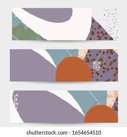 Vector banner template with motley shapes or bolts hand drawn textured. Striped wavy shapes and lines design. Abstract hipster background in flat style. Modern artwork pattern. 