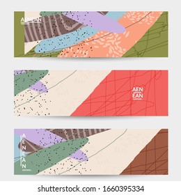 Vector banner template with motley shapes or bolts hand drawn textured. Striped wavy shapes and lines design. Abstract hipster background in flat style. Modern artwork pattern. 