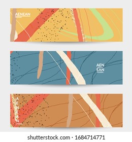 Vector banner template with motley shapes or bolts hand drawn pattern. Striped wavy shapes and lines design. Abstract hipster background in flat style. Modern artwork pattern. 