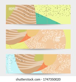 Vector banner template with motley shapes or bolts hand drawn textured. Striped wavy shapes and lines design. Abstract hipster background in flat style. Modern artwork pattern. 