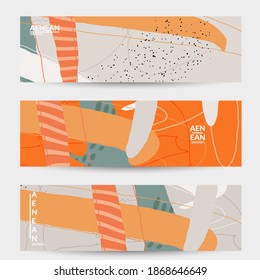 Vector banner template with motley shapes or bolts hand drawn textured. Striped wavy shapes and lines design. Abstract hipster background in flat style. Modern artwork pattern. 