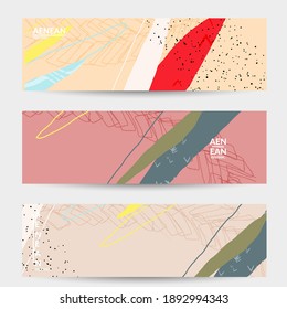 Vector banner template with motley shapes or bolts hand drawn textured. Striped wavy shapes and lines design. Abstract hipster background in flat style. Modern artwork pattern. 