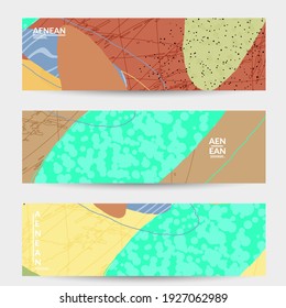Plantilla de banner vectorial con formas variadas o tornillos dibujados a mano con textura. Diseño de líneas y formas onduladas a rayas. Resumen de fondo hipster de estilo plano. Patrón de arte moderno. 