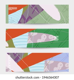 Vector banner template with motley shapes or bolts hand drawn textured. Striped wavy shapes and lines design. Abstract hipster background in flat style. Modern artwork pattern. 