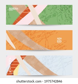 Vector banner template with motley shapes or bolts hand drawn textured. Striped wavy shapes and lines design. Abstract hipster background in flat style. Modern artwork pattern. 