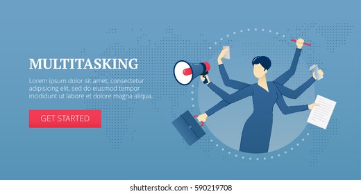 Vector banner template of a multitasking woman with six hands, business items in each. Vector concept for internet banners, social media banners, headers of websites, print design and more