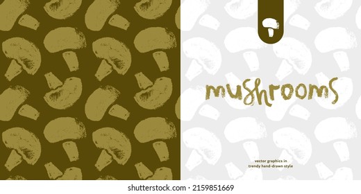 Vector banner template with mushrooms seamless pattern. Hand drawn mushroom ornament for packaging design. Label champignon, vegetable, vegan protein badge. Vegetarian food. Mushroom soup ingredients.