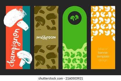 Vector banner template with mushrooms seamless pattern. Hand drawn mushroom ornament for packaging design. Label champignon, vegetable, vegan protein badge. Vegetarian food. Mushroom soup ingredients.