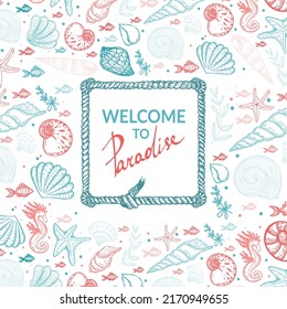 Vector banner template in nautical style. Rope with knots. Hand drawn seashells and starfish in sketch style. Greeting card. Rope borders.