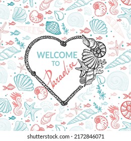 Vector banner template in nautical style. Rope with heart shaped knots. Hand drawn seashells and starfish in sketch style. Greeting card. Rope borders.