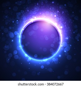 Vector banner template for night party. Premium abstract background with bokeh defocused lights and glowing transparent sphere in center