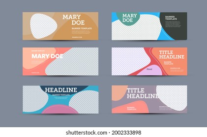 Vector banner template on colored background with abstract design, place for photo. Horizontal flyer layout for advertising, promotion. Set of standard booklets with realistic shadows, information