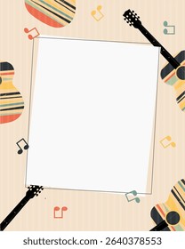Vector banner, template, poster for music festival with acoustic guitar, notes, text box, retro style, guitar, 70s style, concert, music, festival