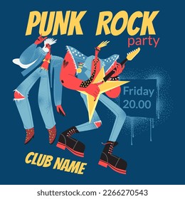 Plantilla de cartel vectorial para el evento punk rock con caracteres graciosos. Fiesta al estilo de los años noventa. Ilustración de estilo plano
