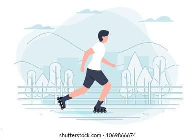 Vector banner template with roller boy. City, trees and hills on a blue background.