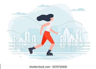Vector banner template with roller girl. City, trees and hills on a blue background.