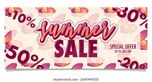 vector banner template for sale with hand drawn and open sea shell with pearl, handwritten text in yellow and pink tones