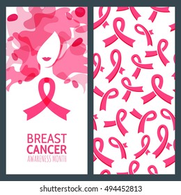 Vector banner template and seamless pattern for breast cancer october awareness month. Illustration of female face and pink ribbon breast cancer symbol. Poster, label or flyer design.