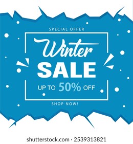 Vector banner template for seasonal winter sale with blue background and snowflakes. Usable for social media posts, web internet ads, flyers.