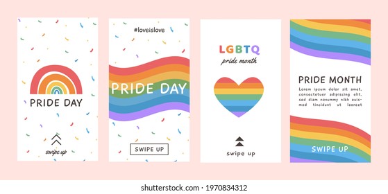 Vector Banner Template Set with LGBTQ symbols. Social media post, stories, posters template with LGBT rainbow flag, heart. Background for pride month celebration. Gay parade. Flat Illustration.
