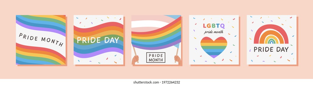 Vector Banner Template Set with LGBTQ symbols. Social media post, stories, poster template with LGBT rainbow flag. Collection of Cards for pride month celebration. Gay parade. Flat style Illustration.