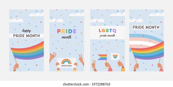 Vector Banner Template Set with LGBTQ people holding flags and placards. Social media post, stories templates. Vertical posters with LGBT rainbow flag. Background for pride month. Flat Illustrations.