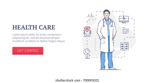 Vector banner template with smilng man doctor in uniform