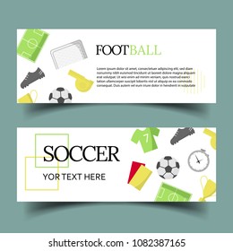Vector banner template with soccer equipment. Ball, football field, boots, T-shirt, gates, cup, red and yellow card, whistle, stopwatch.