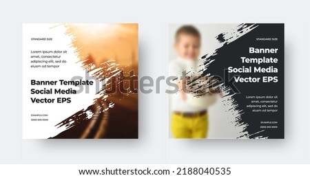 vector banner template, for social media, brush stroke cover split, photo on background. Booklet with white, black triangular background for information. Standard square brochure set