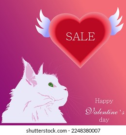 
Vector banner template, space for advertising, sale, Valentine's day discounts with white cute cat and heart with wings. All elements are editable and moveable