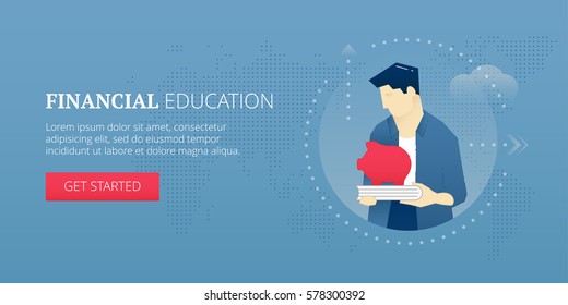 Vector banner template of student character holding a piggy bank on a book. Financial education vector concept for banners, infographics, landing pages of website or print design