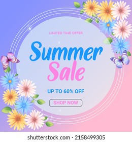 vector banner template summer sale with colorful daisy flowers elements like chrysanthemum and butterfly in the background