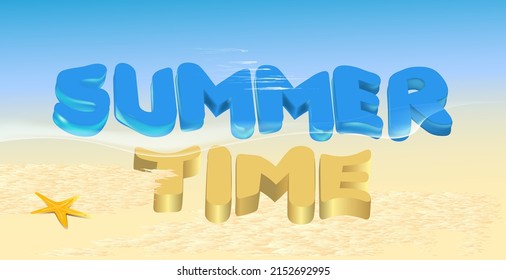 Plantilla de cartel de vectores "Tiempo de verano". Tipografía de verano sobre el fondo del mar y la arena.