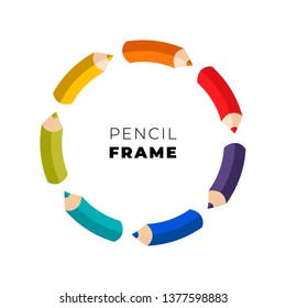 Vector banner template with text. Art education frame with rainbow colored pencil on white background. Red, orange, yellow, green, cyan, blue, violet. Design for school, courses, web, poster.