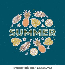 Vector banner template with text. Summer flat hand-drawn icons on green background. Pineapple, leaf, seaweed, lemon, flower. Design for summer holiday, fruit bars.
