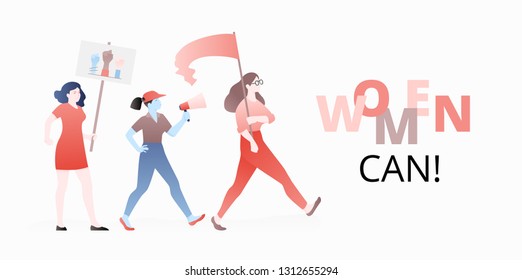 Vector banner template of three color independent women marching and handling megaphone and flags. Modern flat design concept for March 8 celebrations.