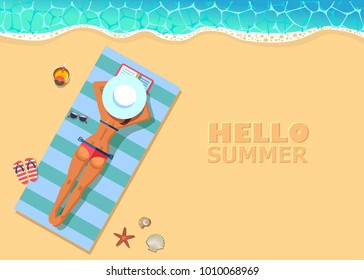 vector banner template with top view sunbathing girl on the beach. Hello summer mockup