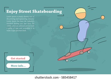 Vector banner template for training Street Skateboarding. Hand drawing illustration of young riding man on skateboard in jump. Modern thin line art horizontal card on green background