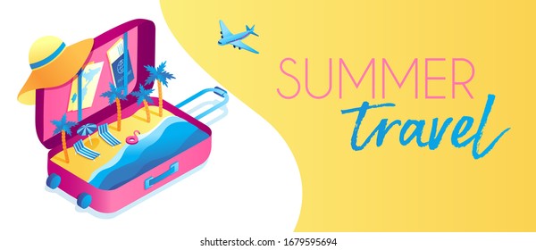 vector banner template for a travel company or airline.online booking of tickets and hotels. time of travel, trips, adventures. summer holiday. advertising, promotions, sales of tours. landing page