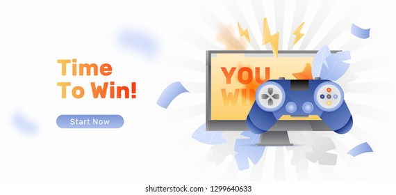 Vector Banner Template Of Video Game Controller Over Computer Monitor With YOU WIN Words On It. Video Gaming Concept.