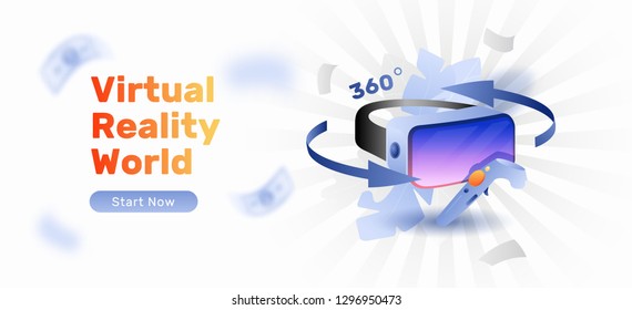 Vector banner template of virtual reality glasses with controller. Modern bright concept of vr games and entertainment.