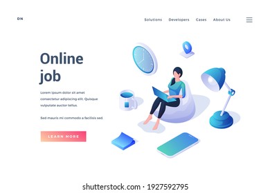 Vector banner template for website with isometric female character sitting in armchair and having online job while using laptop on white background
