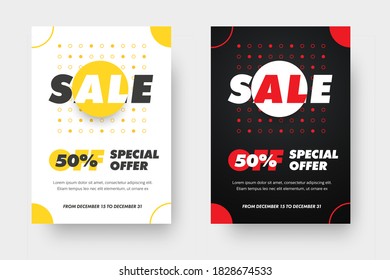 Plantilla de banner vectorial en colores blanco y negro, con presentación de diseño y patrón con círculos amarillos y rojos. Diseño de afiches con ofertas especiales, ventas y descuentos. Juego de volantes
