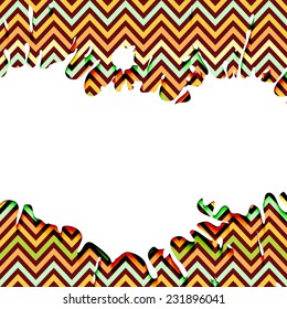 Vector banner template with white blank space as paint splashes on colorful chevron ornament